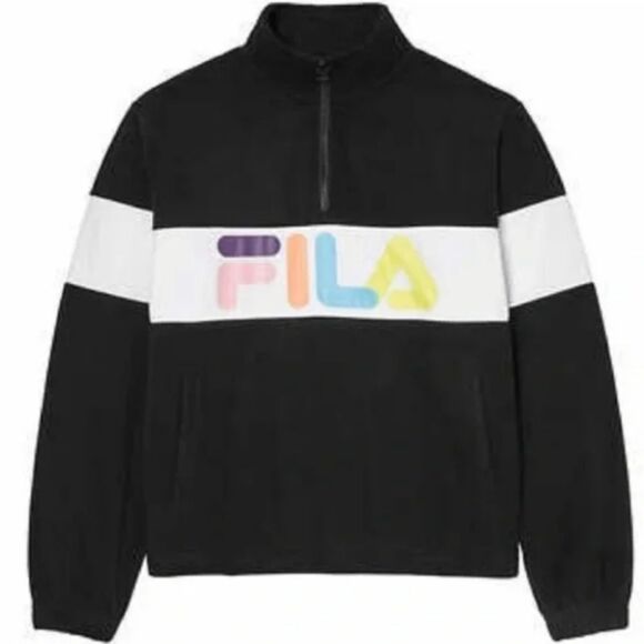 FILA Black Colorful Logo Panel Quarter Zip Pullover Fleece Sweater Large - Picture 2 of 13
